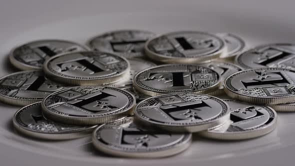 Rotating shot of Litecoin Bitcoins 