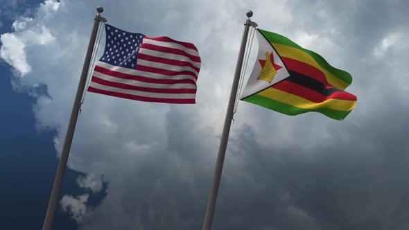 Waving Flags Of The United States And The Zimbabwe 4K