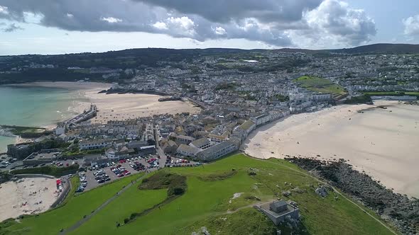 Drone shot overlooking Porthminster Beach St Ives Cornwall England UK