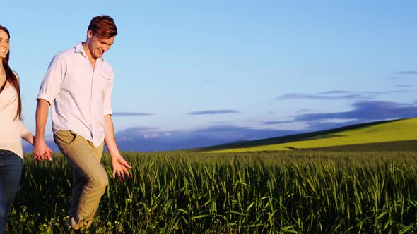 Romantic couple holding hands while walking in field