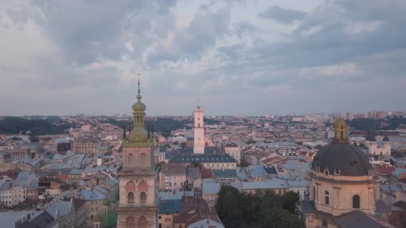 Aerial City Lviv, Ukraine. European City. Popular Areas of the City. Town Hall