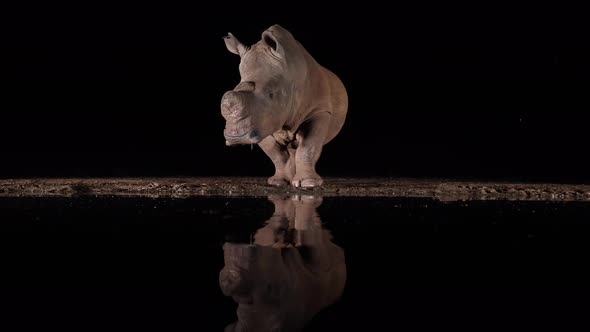 Pan against black night background, dehorned rhino reflected in pond