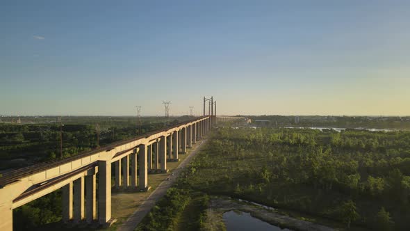 Aerial orbital of Zarate Brazo Largo road and railway complex cable-stayed bridge between Entre Rios