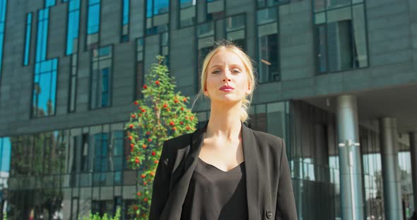 Beautiful Woman Going To Work Walking Near Office Building Portrait Of Successful Business Woman On