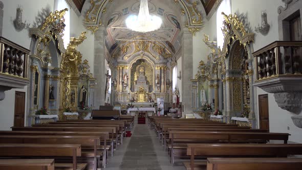 Empty Catholic Cathedral Inside Wooden Benches for Prayers Church Interior