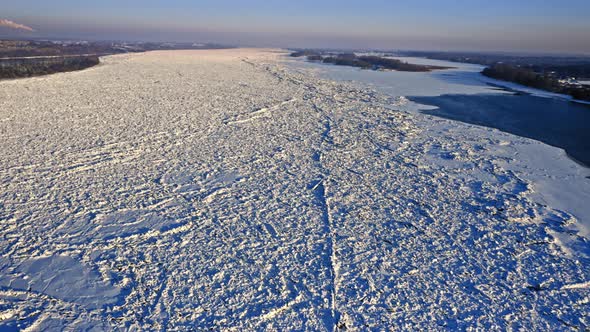 Massive ice jam on Vistula river. Aerial view of Poland.