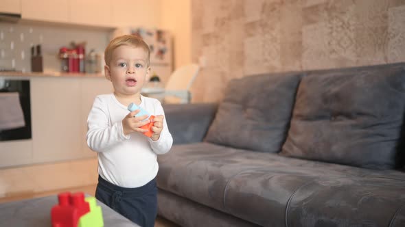 Little Happy Cute Baby Toddler Boy Blonde Playing with Constructor