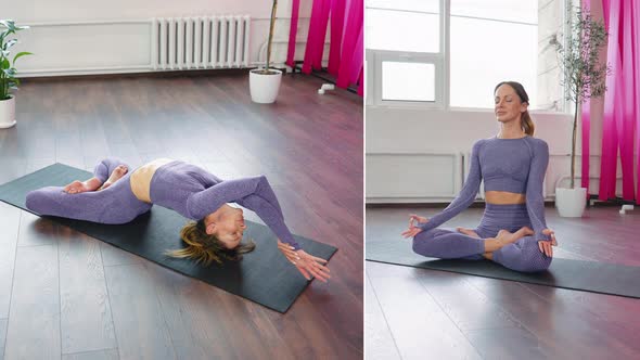 Collage Yogi Woman Meditating and Practicing in Studio