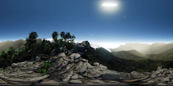 VR 360 Aerial Camera Moving Above Rocks