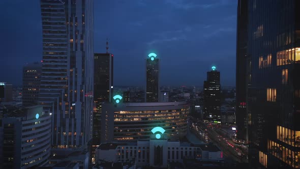Evening Aerial Footage of Modern City Borough with High Rise Buildings