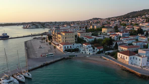 Aerial View of Spetses Old Town and Marina or Seaport Greece  Drone Videography