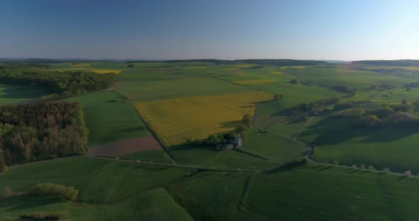 Drone flight over yellow and green fields landscape into sun flare.