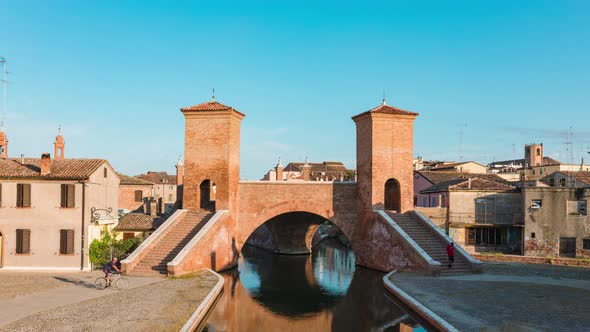 View of the Trepponti bridge symbol of Comacchio at morning, Hyperlapse 4K