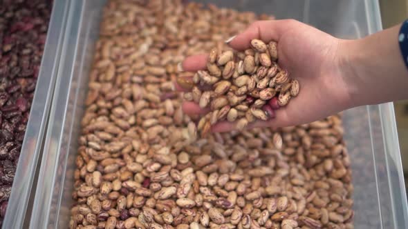 A Woman Is Pouring White Beans From Her Hand Into a Heap in the Market Close-up. Slow Motion.