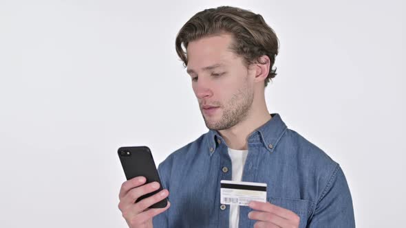 Online Payment on Smartphone By Young Man on White Background