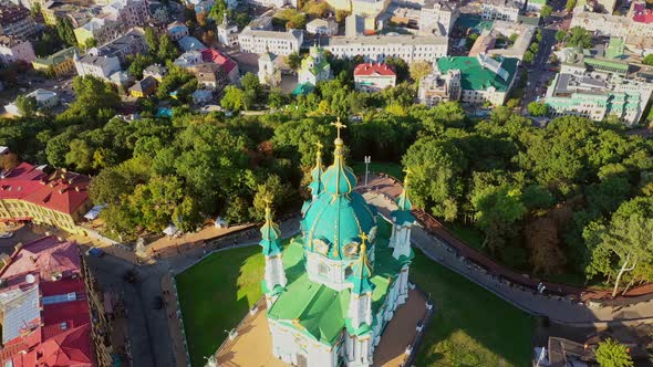 Aerial Drone Video Famous St. Andrews Church and Panorama of Kyiv, Ukraine