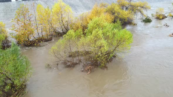 Aerial of a flooded Los Angeles River