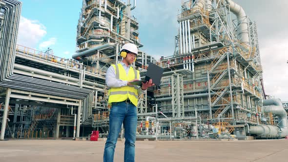 Male Engineer is Working with a Laptop Near the Petroleum Refinery