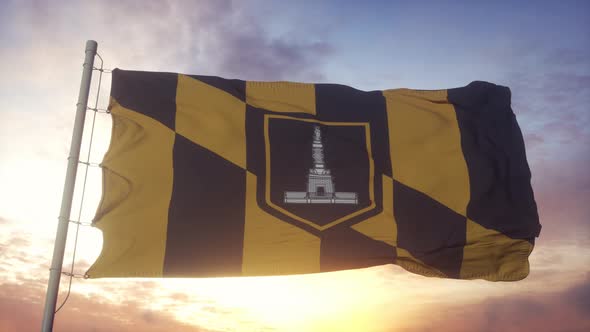 Flag of Baltimore City of Maryland Waving in the Wind Sky and Sun Background