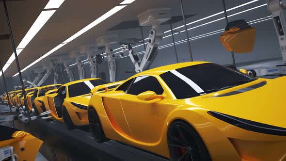 Modern, automated supercar assembly line. Robotic arms manufacturing vehicles.4K