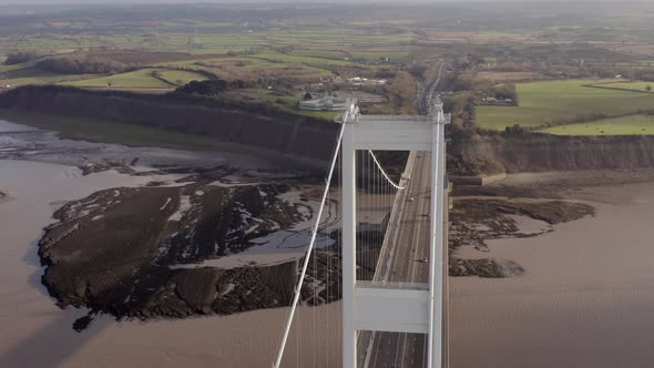 Cars and Vehicles Crossing the Severn Bridge in the UK Aerial View