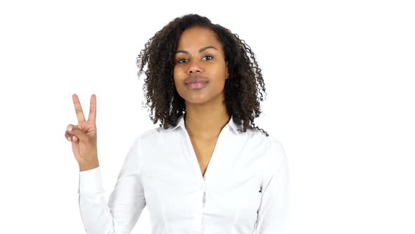 Black Woman Victory Sign White Background