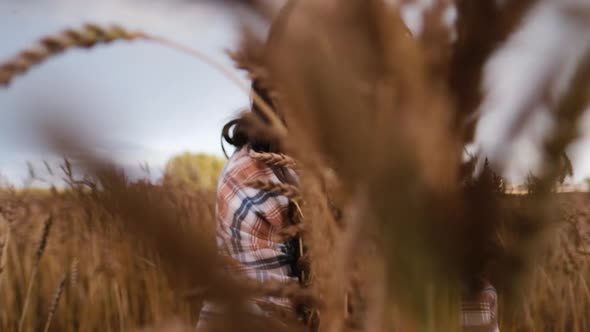 The Girl in the Wheat Field Carefully Hugs the Ears of Wheat