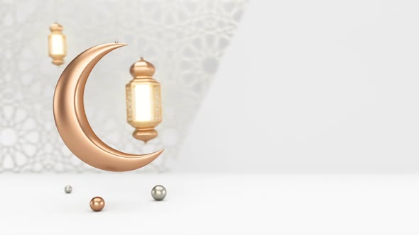 Ramadan Candle Lanterns and Moon are Hanging and Swing on Clean White Background with Islamic