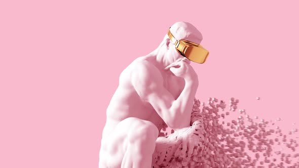 Sculpture Thinker With Golden VR Glasses Desintegrated Into 3D Pixels On Pink Background