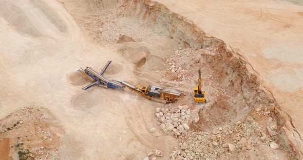 Large excavator in a quarry. Big yellow mining truck, big truck, mining truck,