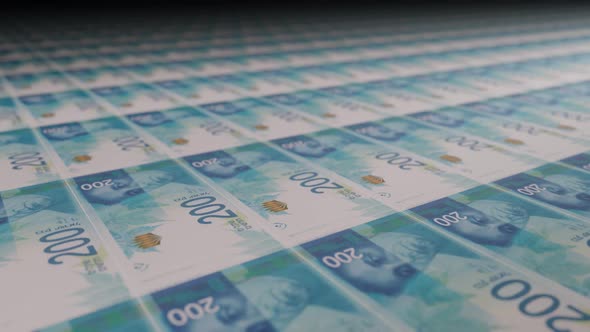 Israeli 200 shekels bills on money printing machine.