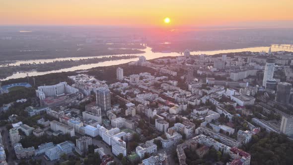 Ukraine, Kyiv : City Center in the Morning at Sunrise. Aerial View. Kiev.