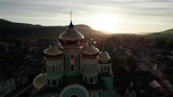 Christian Church at Sunset Aerial View Temple in the Transcarpathia Ukraine