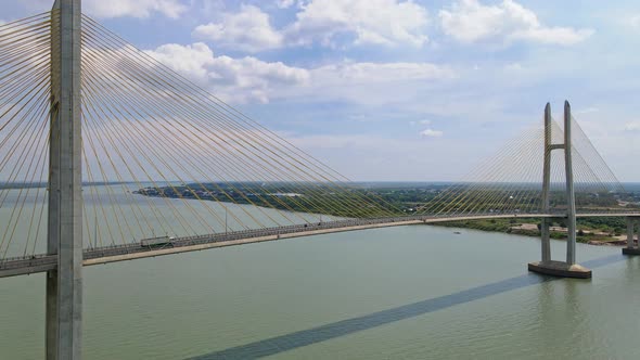 Few Vehicles Passing By The Tsubasa Bridge Across Mekong River During Pandemic In Kandal Province, C