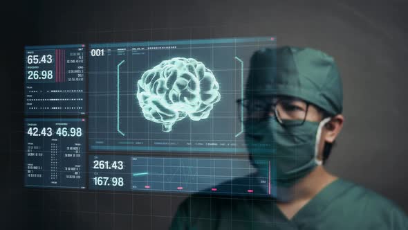 Surgeon Touching Screen for Accessing Brain Patient Data