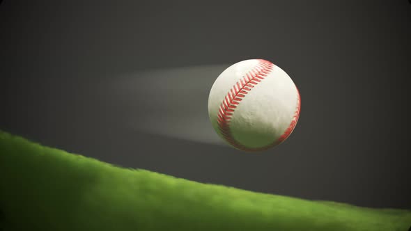 Baseball flying fast through the air in slow motion above the stadium grass 4KHD