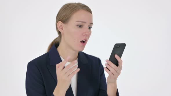 Young Businesswoman Loss on Smartphone on White Background