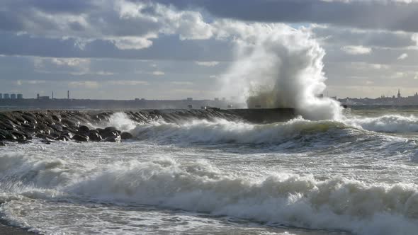 Big White Storm Waves Hit The Pier