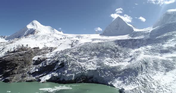 Aerial footage of drone flying over glacier lagoon in Tibet,China.Aerial footage