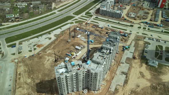Large construction site. Construction of modern multi-storey residential buildings.