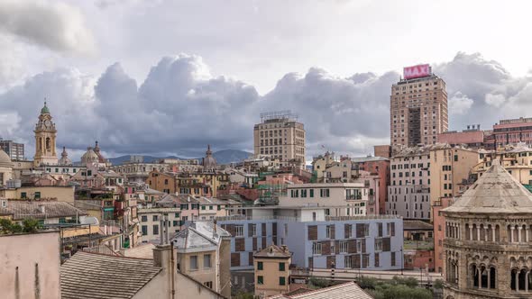 Aerial Panoramic View of European City Genoa Timelapse From Above of Old Historical Centre Quarter