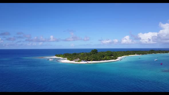 Aerial flying over travel of paradise island beach lifestyle by blue ocean and white sand background