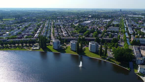 Aerial view living area at Amersfoort Kattenbroek Emiclaer, The Netherlands. Flying forwards