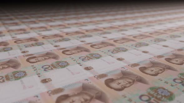 20 Chinese yuan bills on money printing machine.