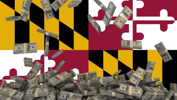 US Dollars falling in front of Maryland State Flag