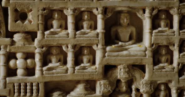 Intricate Carvings on Wall of Beautiful Ranakpur Jain Temple or Chaturmukha Dharana Vihara Mandir in