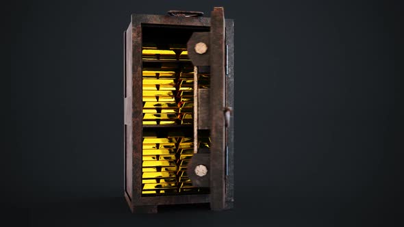 Precious gold bullion bars stacked tightly in a vintage safe with metal door.