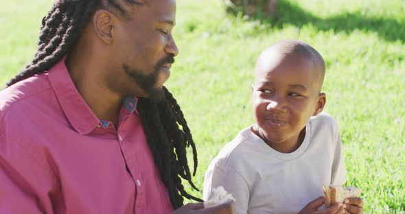 Video of happy african american father and son having picnic on grass