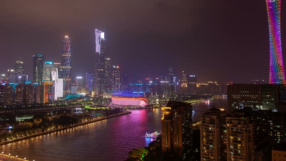 Guangzhou Night Business City Aerial Cityscape China Pearl River with Boats Traffic and Bridges