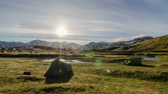 Sunrise over Camp in Mountains